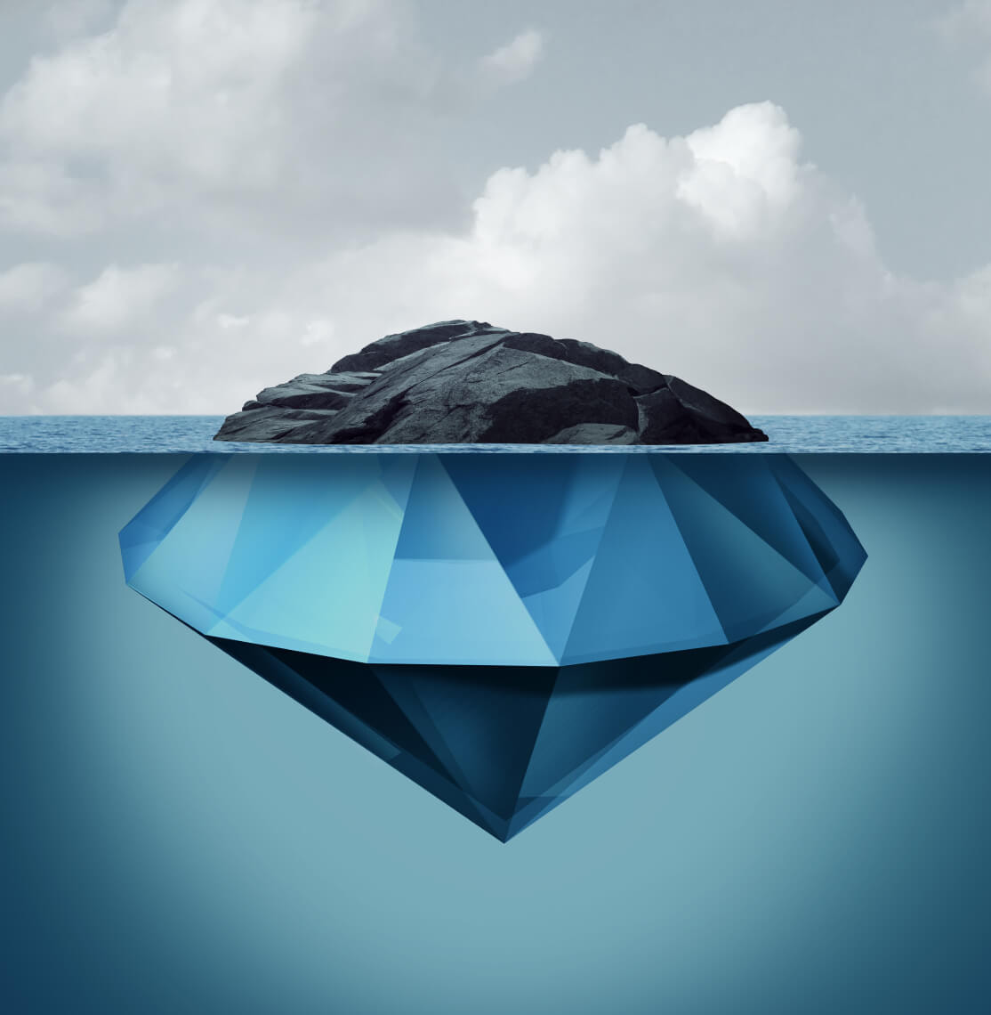 Rock above water with diamond beneath representing hidden value beneath surface